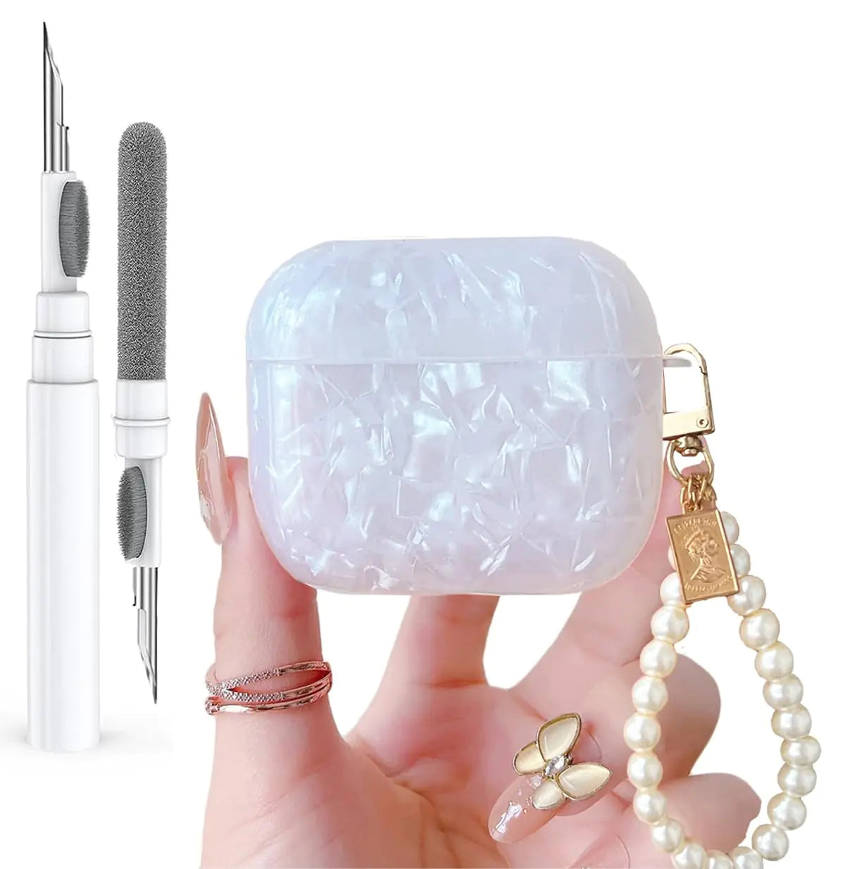 Olytop for Cute Glitter Airpods 3rd Generation Case with Cleaner Pen Shell Pattern Airpods 3 Gen Cover Protective Skin Girl Women with Luxury Pearl Keychain for Apple iPod 3rd Gen - White