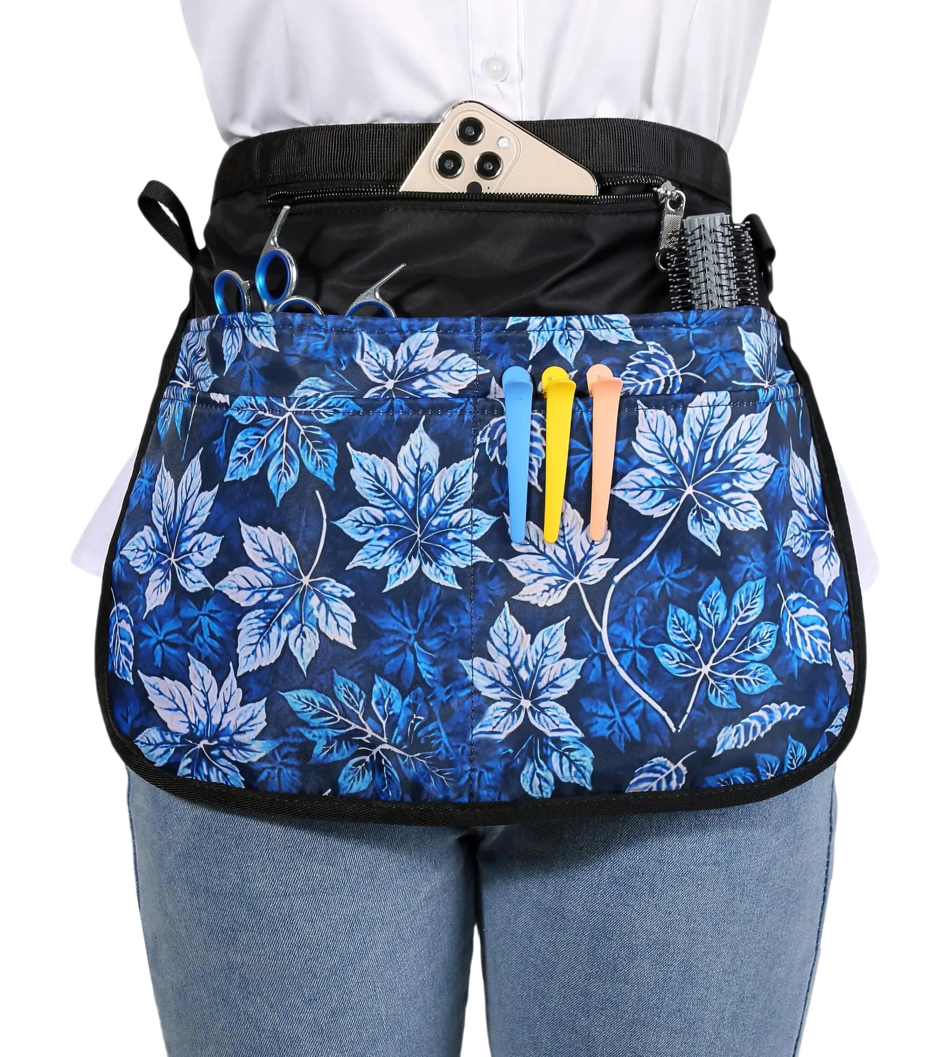 Barber Apron with 5 Pockets Waterproof and Bleach-proof Hair Stylist Apron for Men WomenHairdresser Apron for Cosmetology (Blue Leaves)