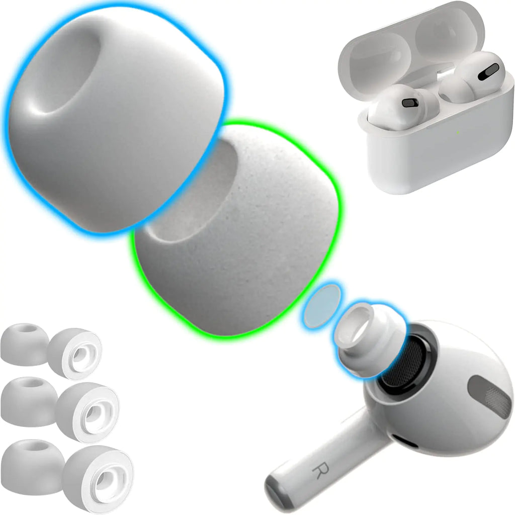 Hybrid Technology V9.0 Silicone Covered Memory Foam Ear Tips for AirPods Pro 1st & 2nd Gen. 3 Pairs. Original White Replacement Tips with Combined Best of Both Worlds: Comfort & Protection. (S/M/L)