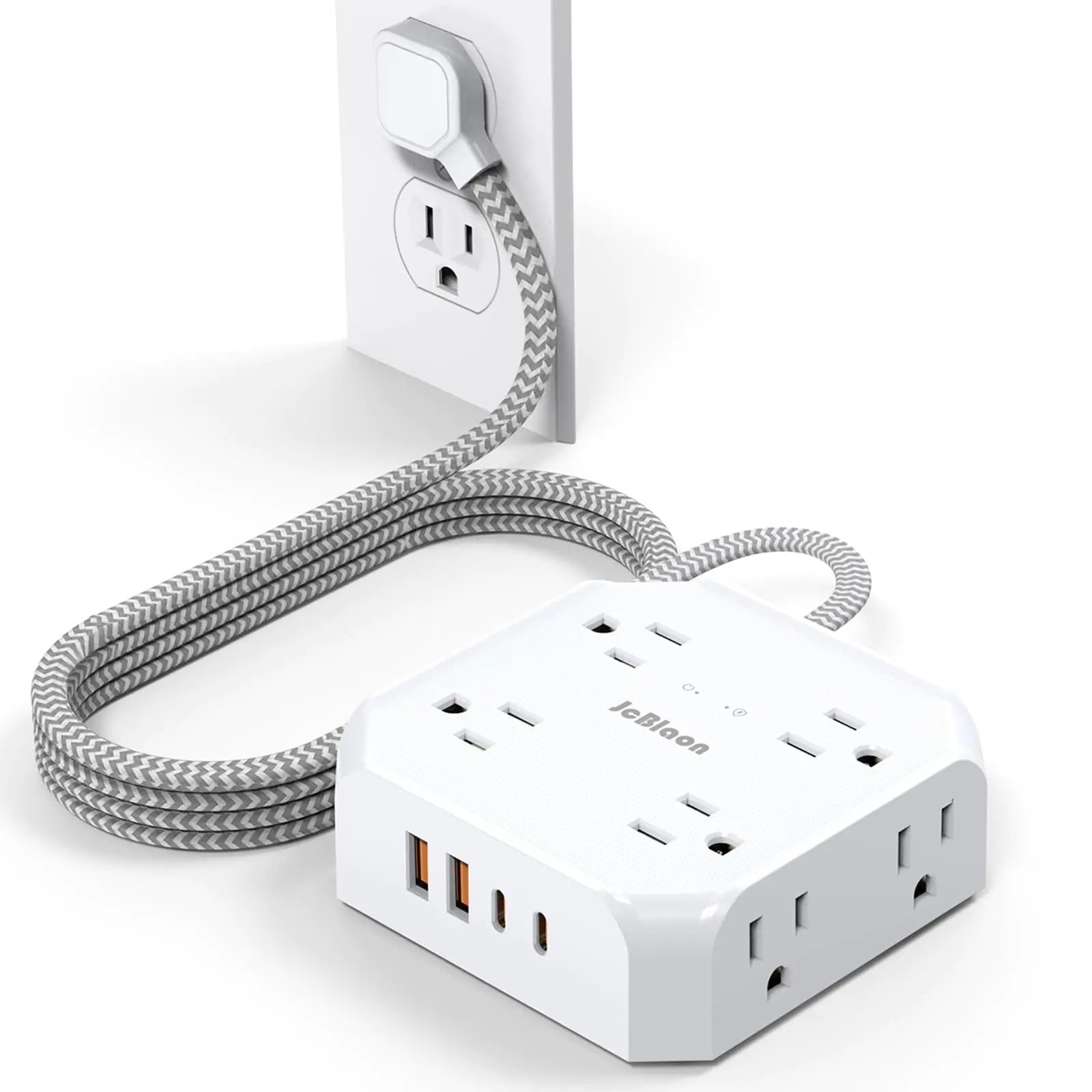 Power Strip Surge Protector - 8 Outlets with 4 USB (2 USB C) Charging PortsJcBlaon Multi Ultra Thin Flat Plug Outlet Adapter with 5Ft Braided Extension Cord for Home Office DormTravel Essentials