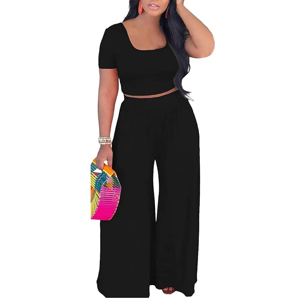 HBQ Two Piece Outfits For Women Casual Sweat Suits Backless Short Sleeve Crop Tops Wide Leg Pants Lounge Sets Tracksuit-Black-L