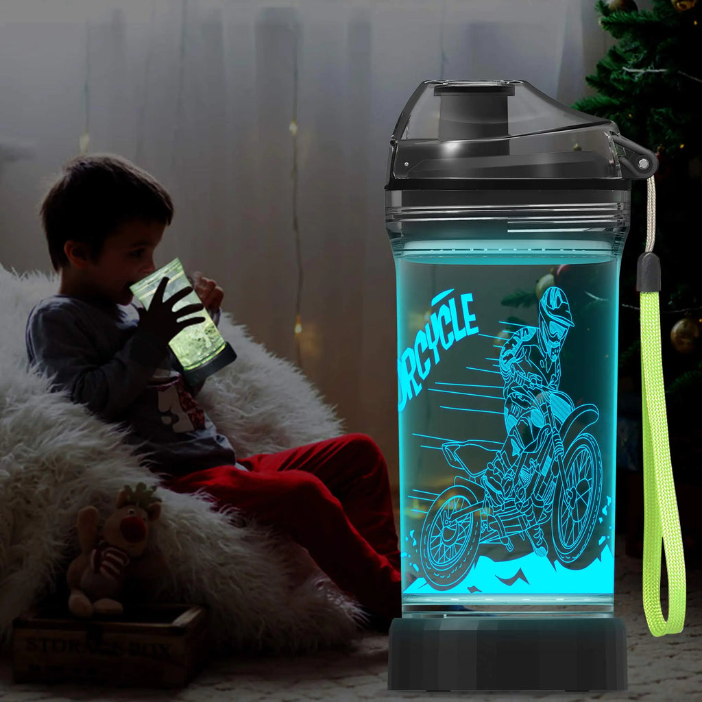 Lightzz Dirt Bike Gifts for Boy Kids 3D Glowing Water Bottle with LED Light - 14 OZ Tritan BPA Free - Creative Ideal Travel Cup Motorcross Gift for School Kid Boy Child Holiday Camping Picnic