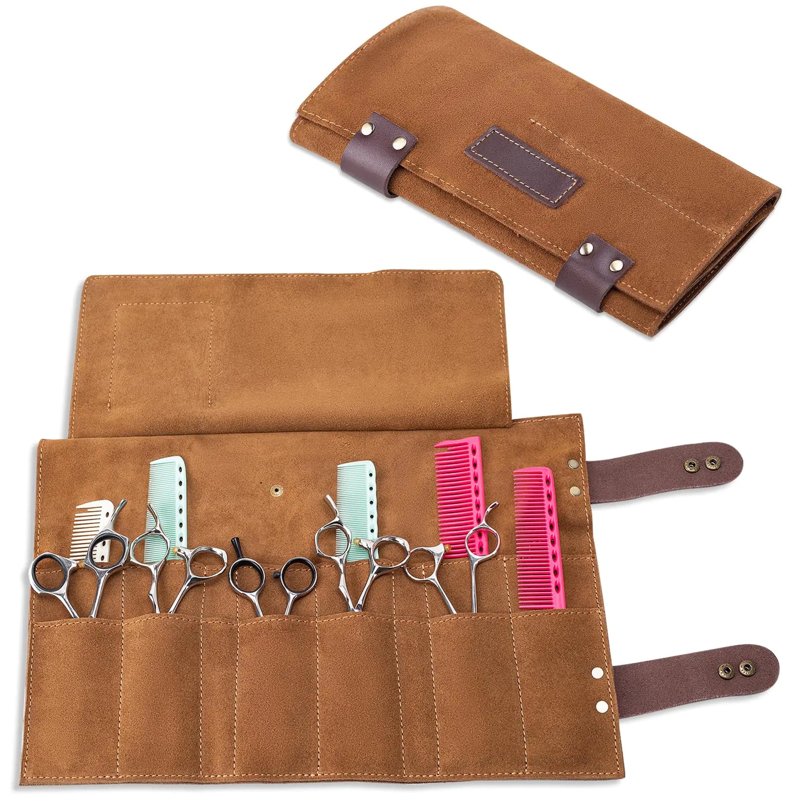 Hair Stylist Scissor Holder Pouch Cases for Hairdressers Real Leather Scissor Roll Up Bag Salon Tools Organizer for Barber Hairdresser (V-001-Brown)