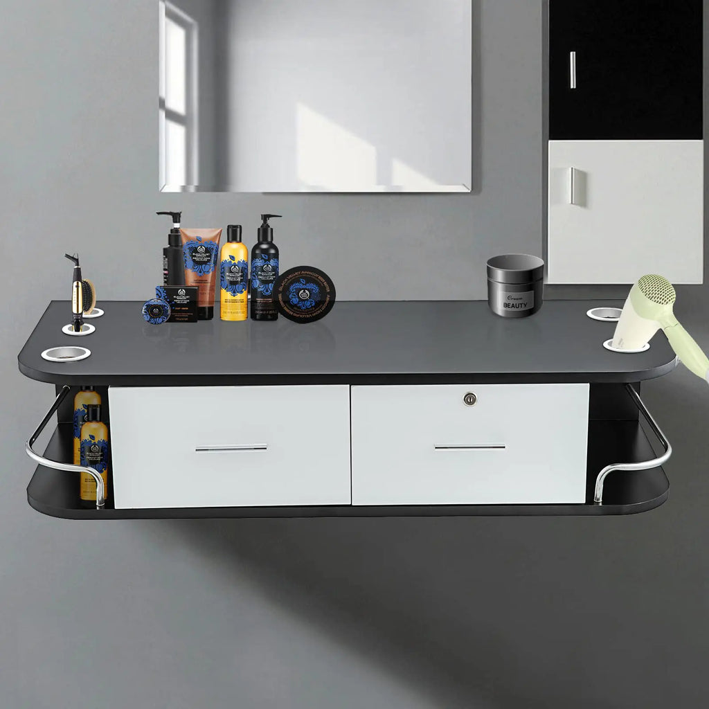 VEVOR Black & White Salon Wall Mount Styling Station Classic Locking 2 Drawers Storage Beauty Salon Spa Equipment Barber Station