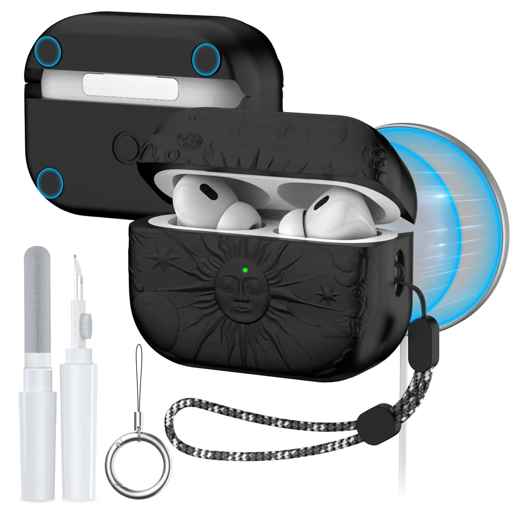 AirPods Pro 2nd/1st Generation Case Magnetic Lid Compatible with MagSafe Sun and Moon Engraved AirPod Pro Case for Apple Airpods Pro 2&1 Gen with Cleaner Kit&Keychain&Lanyard (Black)