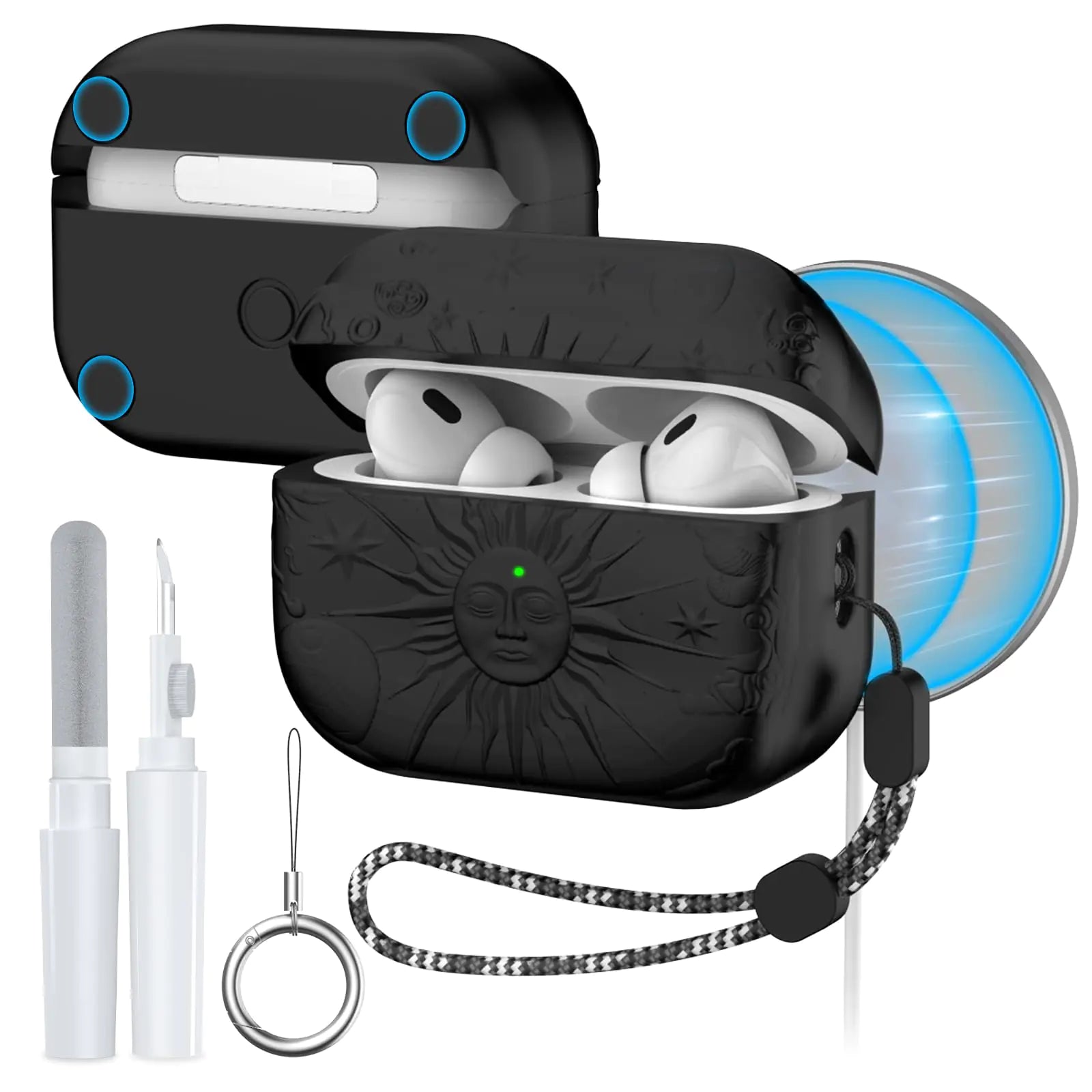 AirPods Pro 2nd/1st Generation Case Magnetic Lid Compatible with MagSafe Sun and Moon Engraved AirPod Pro Case for Apple Airpods Pro 2&1 Gen with Cleaner Kit&Keychain&Lanyard (Black)